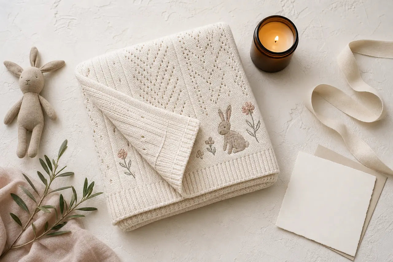 Ivory baby blanket, amber candle and blank gift card arranged on a warm white surface