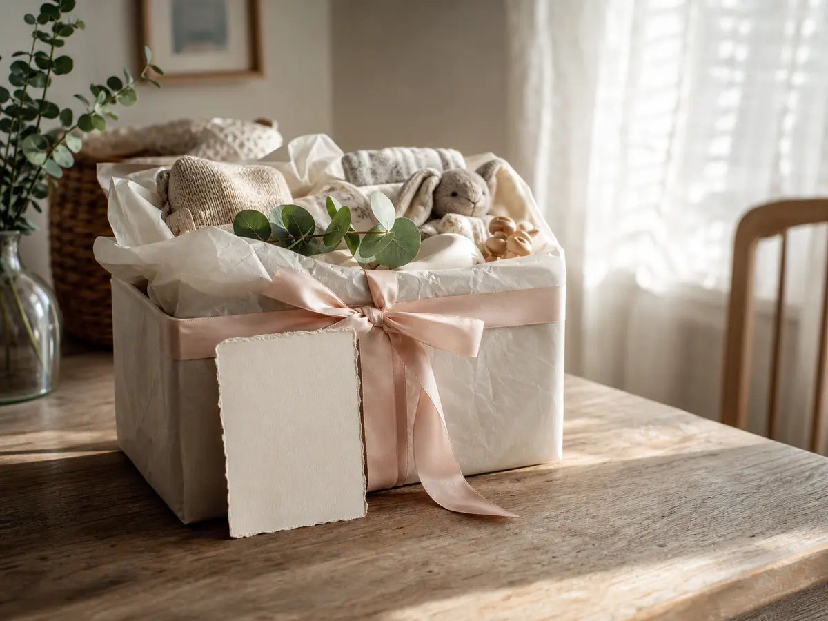 Baby gift wrapped with blush ribbon, greenery and a blank handwritten card