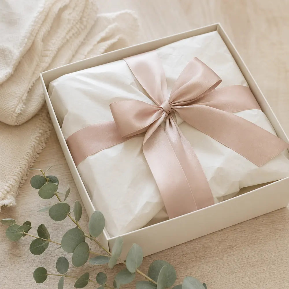 Baby gift wrapped in ivory tissue paper and finished with a blush ribbon