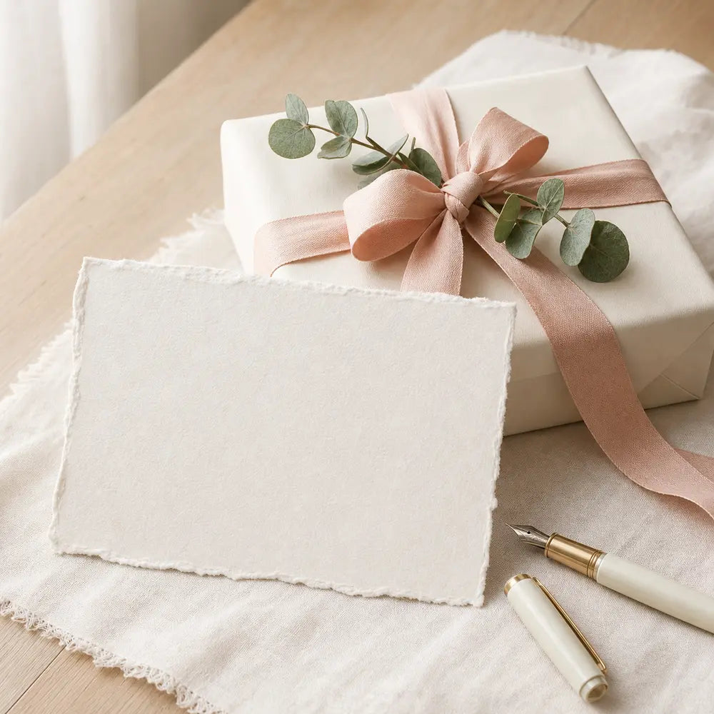 Blank handwritten card and fountain pen beside a wrapped baby gift