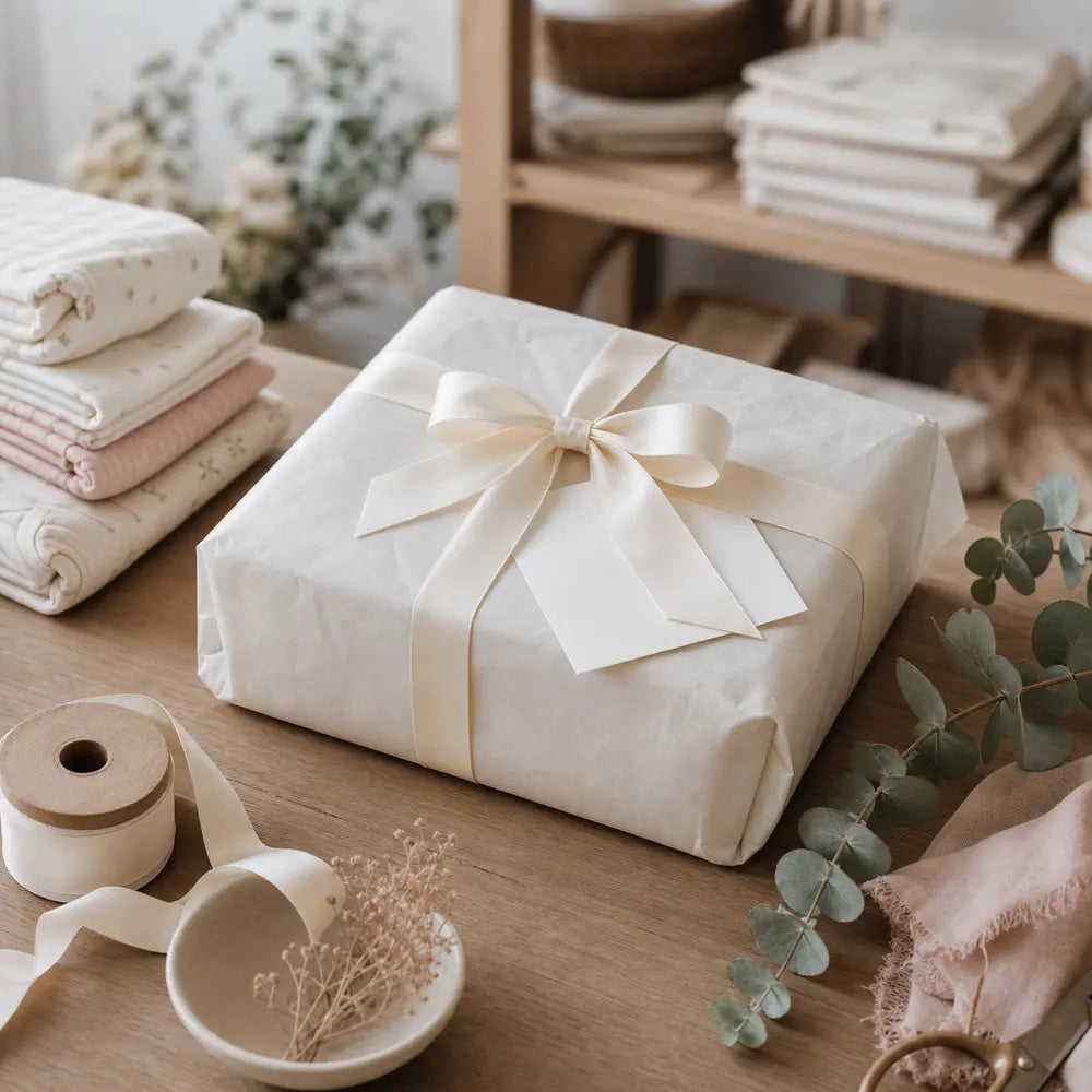 Finished gift parcel with ribbon and blank card on a studio packing table