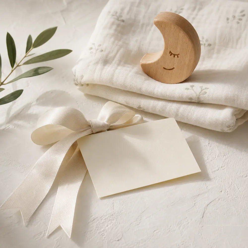Blank gift receipt and ivory ribbon beside a wooden moon nursery keepsake