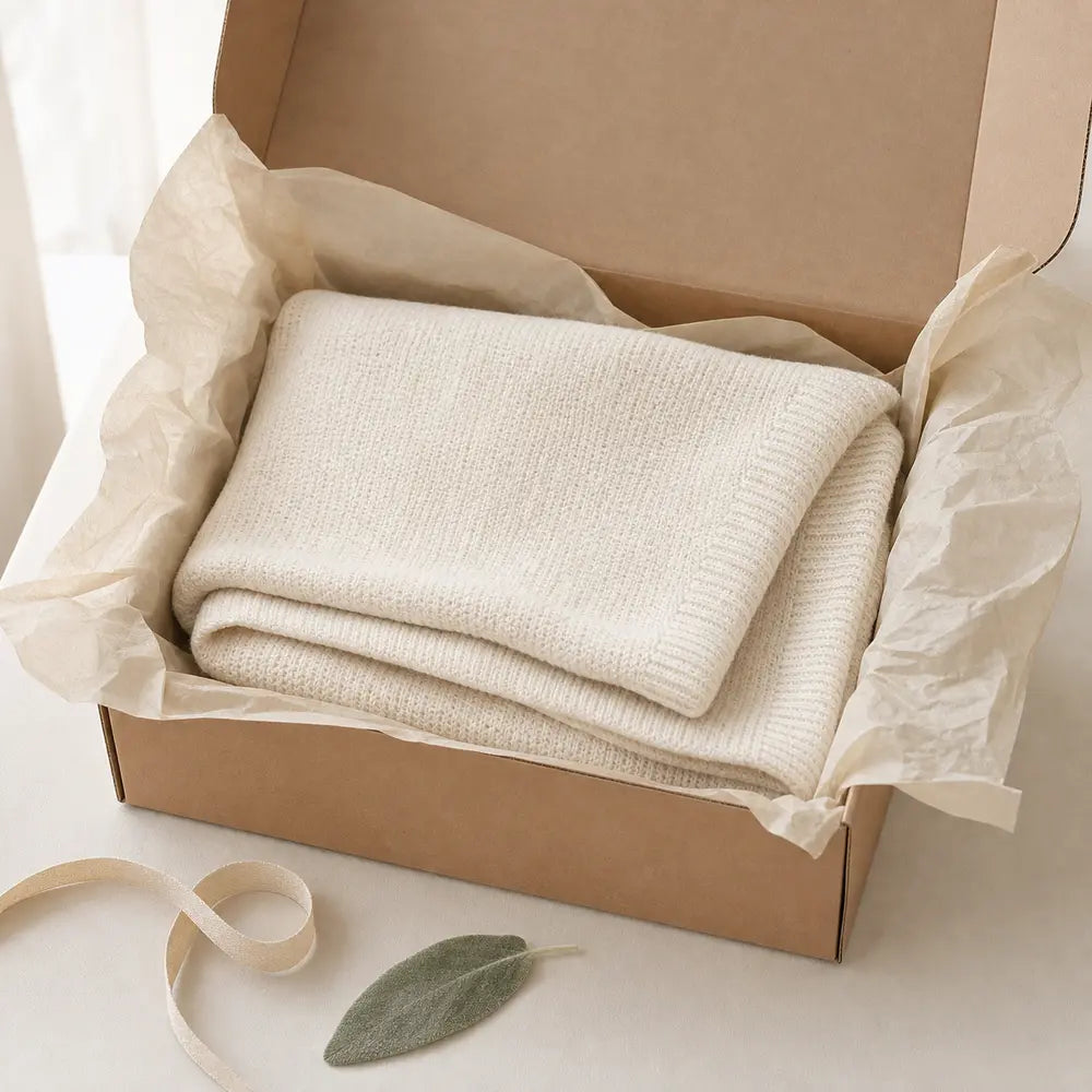 Soft ivory baby blanket folded inside an open tissue-lined parcel