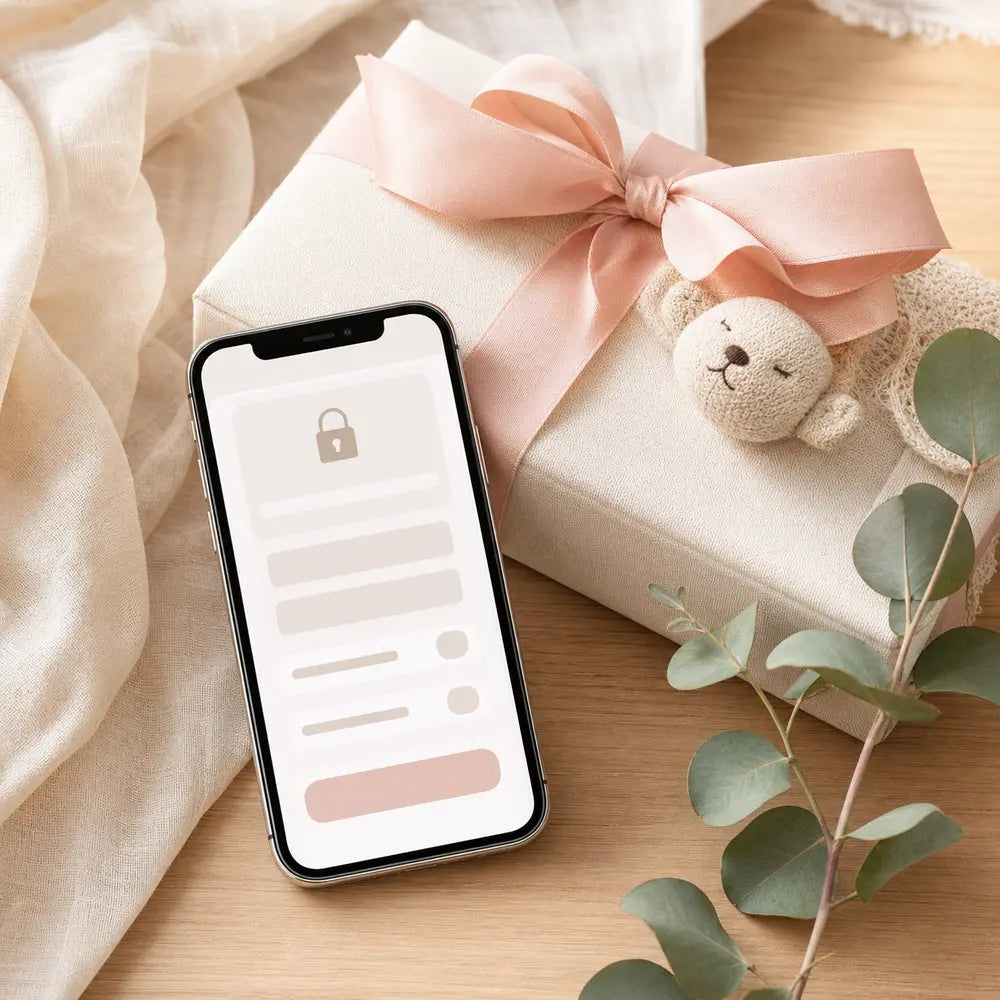 Phone showing a secure checkout screen beside a wrapped baby shower gift